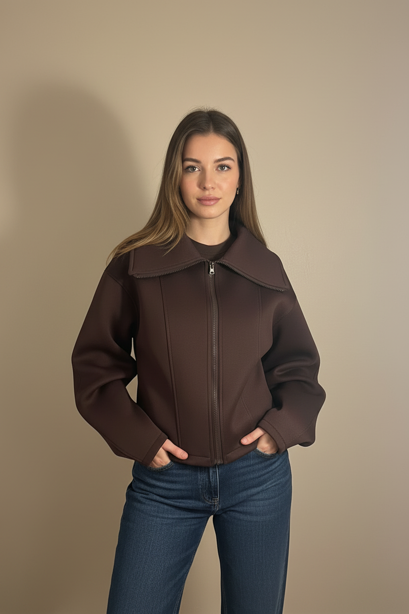Brown bomber jacket on model