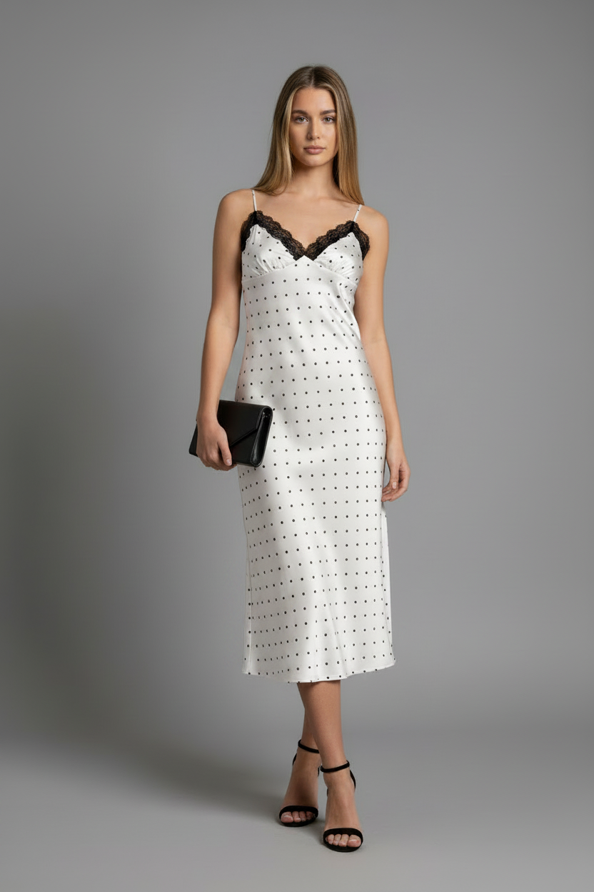 Robe blanche pois noirs décolleté noir - studio